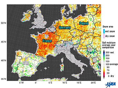 Comparison of soil moisture in Europe over the average year, and areas of snow