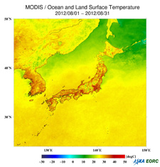Monthly mean land and sea surface temperature (SST) in August 2012.