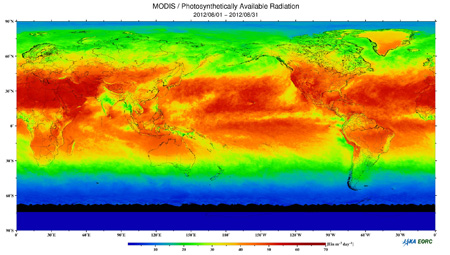 Global photosynthetically available radiation (PAR) distribution map showing the monthly mean in August 2012.