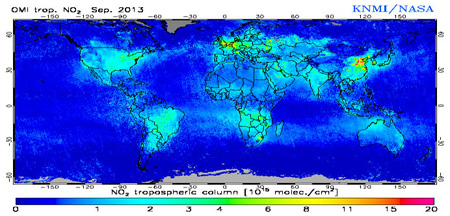 Global Map of Tropospheric Column Density of Nitrogen Dioxide observed by Ozone Monitoring Instrument (OMI), space-borne sensor of NASA