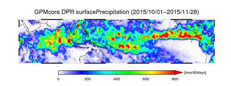 Accumulated surface precipitation from October 1 to November 28, 2015 observed by GPM-Core/DPR.