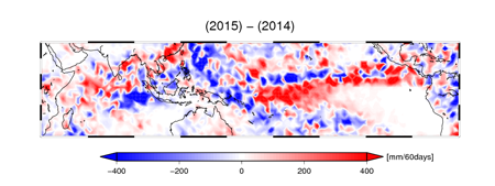 Anomaly of accumulated precipitation between 2015 and 2014 for the same period to Figure 4.