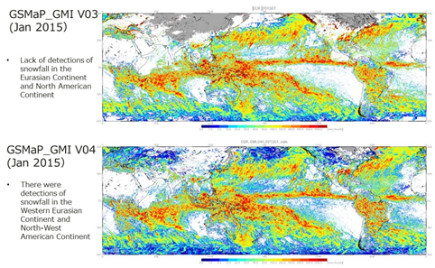 Comparison of surface precipitation rate between GSMaP GMI V03 and GSMaP GMI V04 on January 2015.