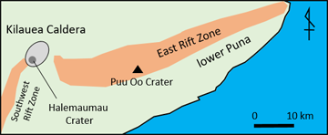 Locations of Kilauea volcano and the East Rift Zone. The size and range correspond to that shown on the images of Shikisai in Fig. 2.