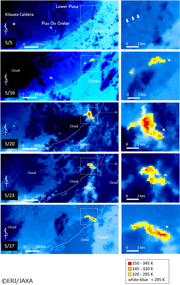 Occurrences of the lava flow of Kilauea volcano in Hawaii, observed by Shikisai Images taken on May 5, 16, 20, 23, and 27, 2018 (brightness temperature images produced from the thermal infrared images with spatial resolution of 250 m. Temperature unit K: Kelvin = Celsius deg. C + 273.15). An enlarged image of the lower Puna district is shown on the right side.