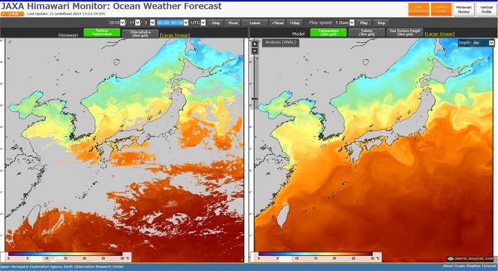 Web page that shows the comparison between the ocean weather forecast maps and Himawari-8 maps