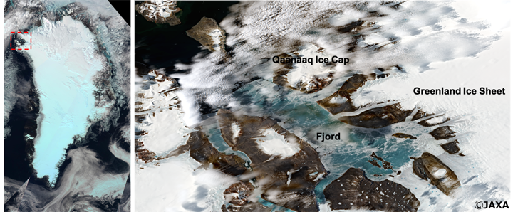 Left: True color image1 of whole ice sheet in Greenland observed by GCOM-C/SGLI. Red square here shows the area of Right.Right: True color image2 observed by Sentinel-2/MSI on June 17, 2019.