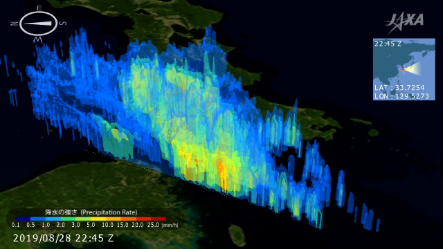Three-dimensional structure of rainfall observed by GPM/DPR at 22:45 on August 28 (Click to show the animation).