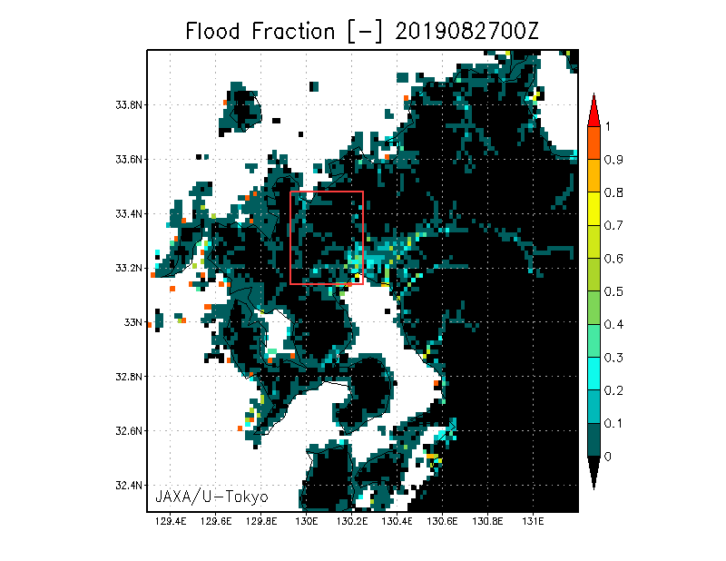 Hourly change of flood situation in northern Kyushu estimated by TE-Japan. The colors show the percentage of flooded area in each grid. (August 27, 2019 00:00 - August 29 00:00(UTC))