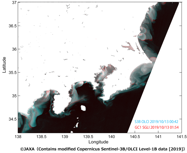 RGB composite image of red wavelength reflectance by Sentinel-3B/OLCI observed about one hour before SHIKISAI, allocated to B (blue) and G (green), and the same wavelength reflectance by SHIKISAI allocated to R (red). Circular red parts of North Ibaraki and off Choshi etc. are possible to show the changes of ocean area affected by sediment from rivers for one hour.