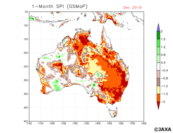 (left) Standardized Precipitation Index (SPI) in Australia calculated by GSMaP precipitation amount in a month (December 2019), (right)SPI calculated by GSMaP precipitation amount in three months (October-December 2019) in a same way.