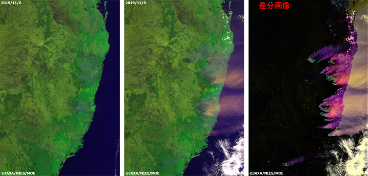 RGB composite images of the eastern Australia captured by CAI onboard IBUKI (GOSAT). From top left; September 1, September 7 2019 /From bottom left; difference between November 6 and November 9. Each data of band 2 (674 nm), band 3 (870 nm) and band 1(380 n) was allocated to RGB.