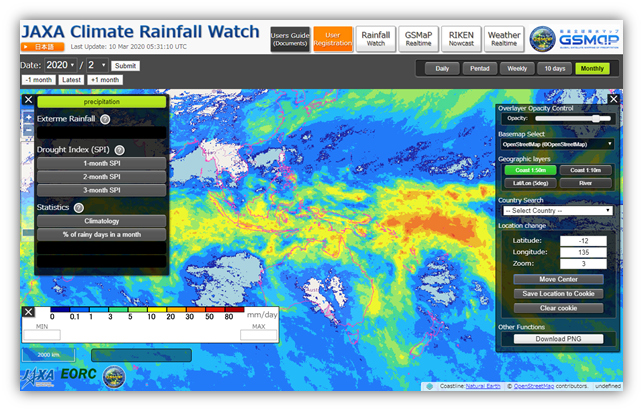 Graphic User Interface of the "JAXA Climate Rainfall Watch" website (Monthly precipitation in February 2020)