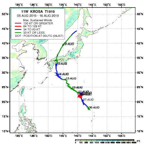 The track of Typhoon KROSA in 2019 provided by the JAXA/EORC Tropical Cyclone Database
