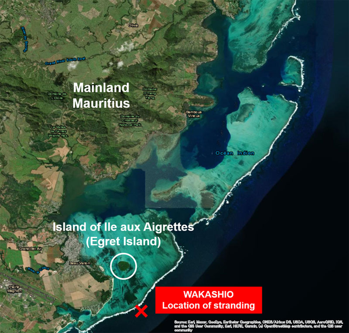 Location of Mauritius and stranded vessel