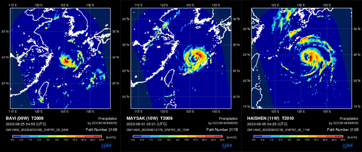 Precipitation when a typhoon approaches the East China Sea (top line) and all-whether sea surface wind speed (bottom line)observed by AMSR2.