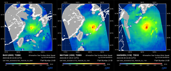 Precipitation when a typhoon approaches the East China Sea (top line) and all-whether sea surface wind speed (bottom line)observed by AMSR2.