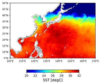 Monthly averaged SST in August 2020 (left) and its anomalies from normal year (right) by AMSR2.