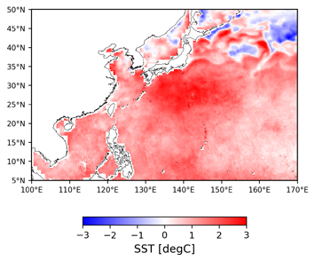 Monthly averaged SST in August 2020 (left) and its anomalies from normal year (right) by AMSR2.