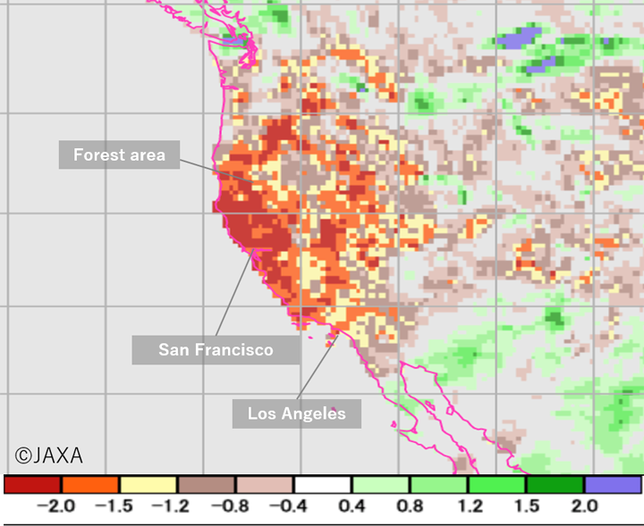 The Standardized Precipitation Index (SPI) (GSMaP) in a month.