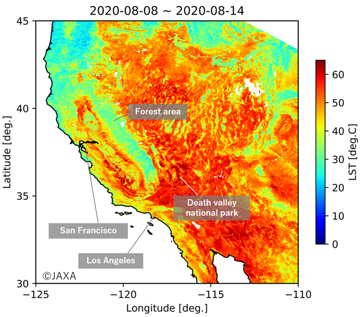 Average Land Surface Temperature (LST) during August 8-14, 2020 observed by 