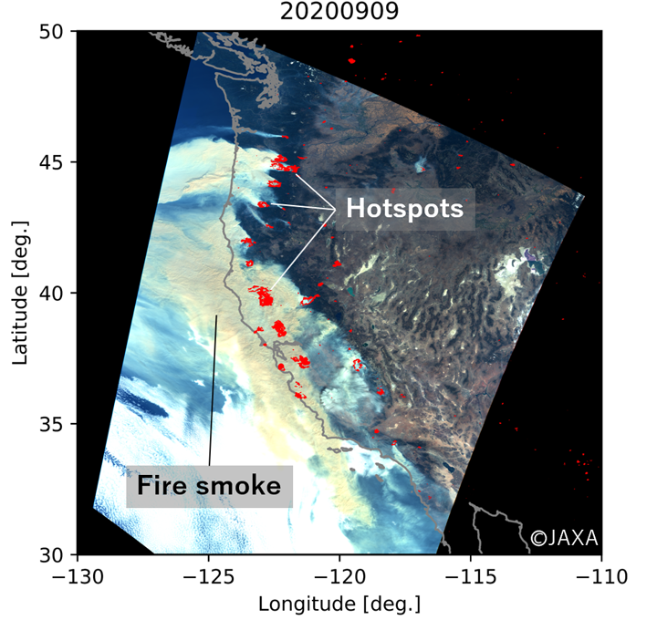 Visible images and hotspots in the west coast of USA on September 9, 2020 observed by 