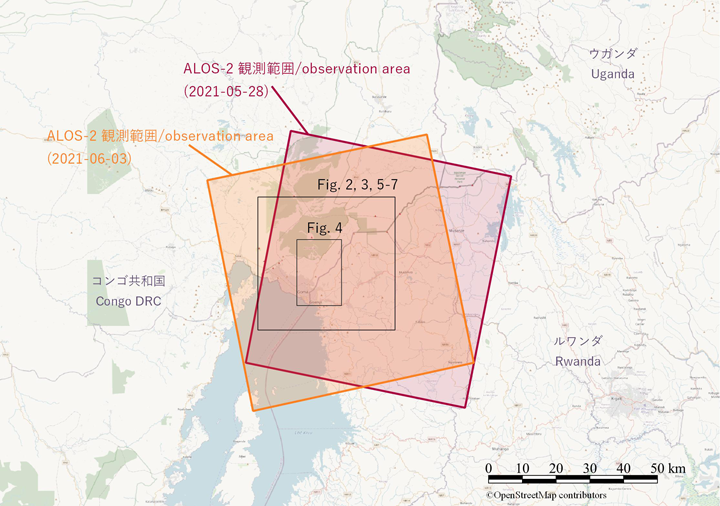 The observation area of ALOS-2 on May 28, 2021 and the location of Mount Nyiragongo