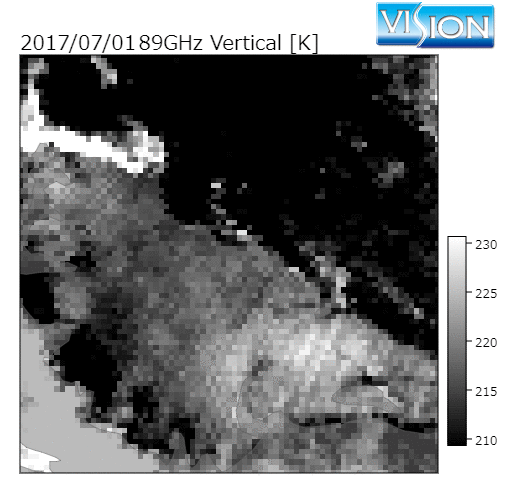 2017年7月1日～24日の輝度温度画像（AMSR2の89 GHz垂直偏波）が捉えたラーセンC棚氷からの氷山分離