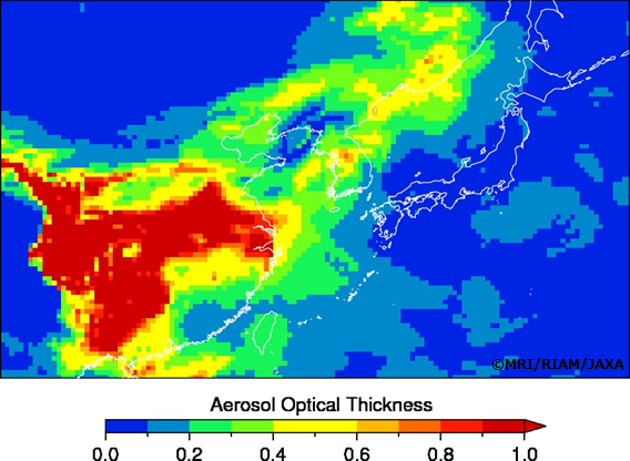 大気微粒子シミュレーションシステムMASINGARで計算された1月14日15時（日本時間）の大気微粒子の濃さの指標。