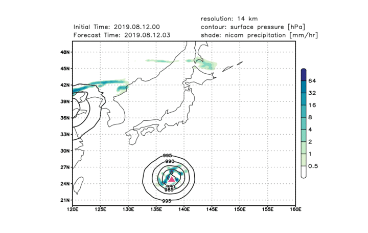 2019年08月12日00時を初期値とした台風10号の進路予測。コンターは海面気圧、色は降水量、赤い三角は観測で得られた台風の中心位置。時間は3時間間隔。