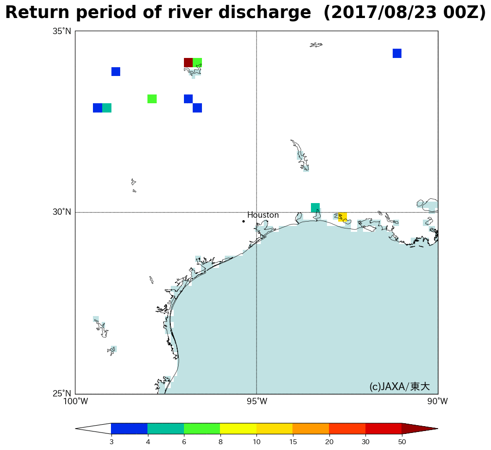 distribution of return period for river discharge calculated by TE-Global in the period of August 23rd to September 4th, 2017 (left figure).