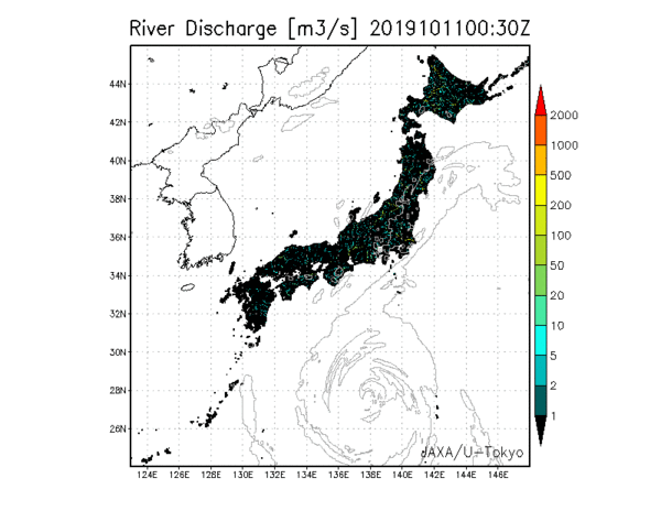 Time series of river discharge simulated by TE-Japan during October 11, 2019 00:00 - October 12, 23:00 (UTC) (top: whole area of Japan and the Typhoon track, bottom: extended image of Kanto and Tohoku areas). 