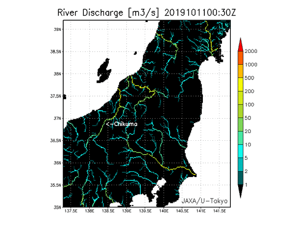 Time series of river discharge simulated by TE-Japan during October 11, 2019 00:00 - October 12, 23:00 (UTC) (top: whole area of Japan and the Typhoon track, bottom: extended image of Kanto and Tohoku areas). 
