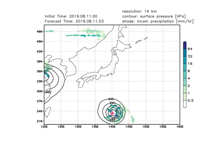 The simulation of Typhoon KROSA with horizontal resolution of 14 km. The initial time is 00Z, 11 August, 2019. Contours and shadings denote the sea-level pressure and precipitation, respectively. The red triangle denotes the observed center of typhoon KROSA.