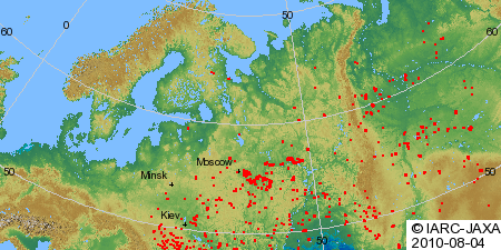 2010年8月4日に観測したモスクワ周辺の森林火災の分布