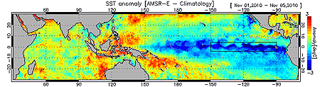 AMSR-Eで観測した海面水温の平年偏差分布