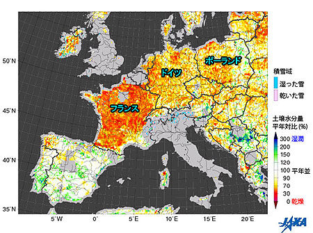 ヨーロッパの土壌水分量平年対比と積雪域の分布(2011年5月1日〜20日)