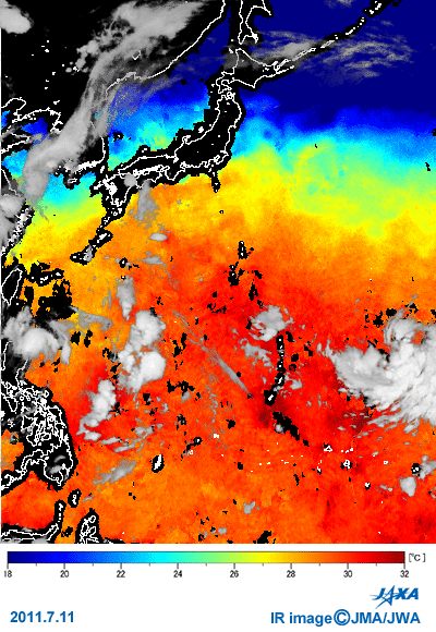 台風6号(マーゴン)の動きと海面温度(2011年7月11日から25日まで)