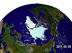 人工衛星がとらえた融解最小時期の北極海氷分布(2011年)