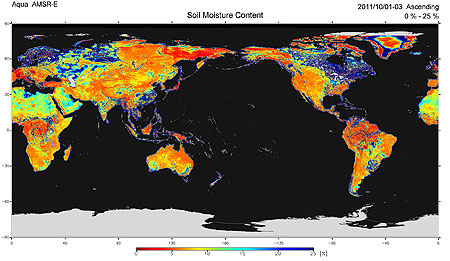 AMSR-E が観測した全地球の土壌水分量(2011年10月1日〜3日)