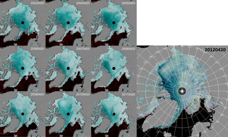 最近9年間（2003-2012年）の4月20日に観測された北極海の海氷分布