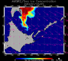 2013年1月12日のオホーツク海の海氷分布(AMSR2)