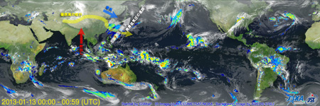 2013年1月の「世界の雨分布速報」（13日午前9〜10時）