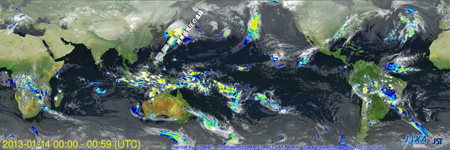 2013年1月の「世界の雨分布速報」（14日午前9〜10時）