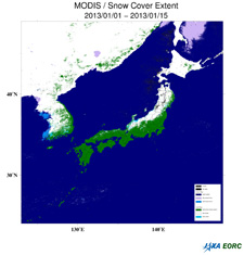 日本列島周辺の陸上の積雪・海上の雪氷分布（2013年1月1日〜15日）