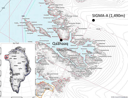 グリーンランド北西部にあるSIGMA-A観測サイトの位置
