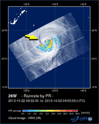 TRMM/PRで観測した台風27号の降雨の水平分布と雲画像
