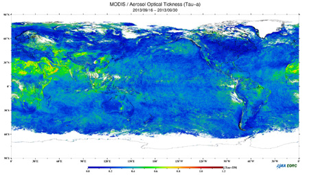 MODISにより観測されたエアロゾルの光学的厚さ全球分布画像(2013年9月16日〜30日)
