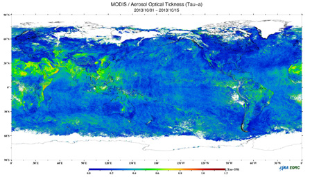 MODISにより観測されたエアロゾルの光学的厚さ全球分布画像(2013年10月1日〜15日)
