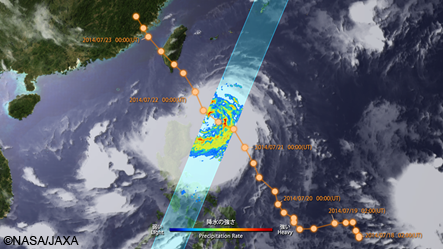 平成26年7月22日午前0時頃（日本時間）のDPRによる台風10号の降水の地表面付近の分布と台風進路